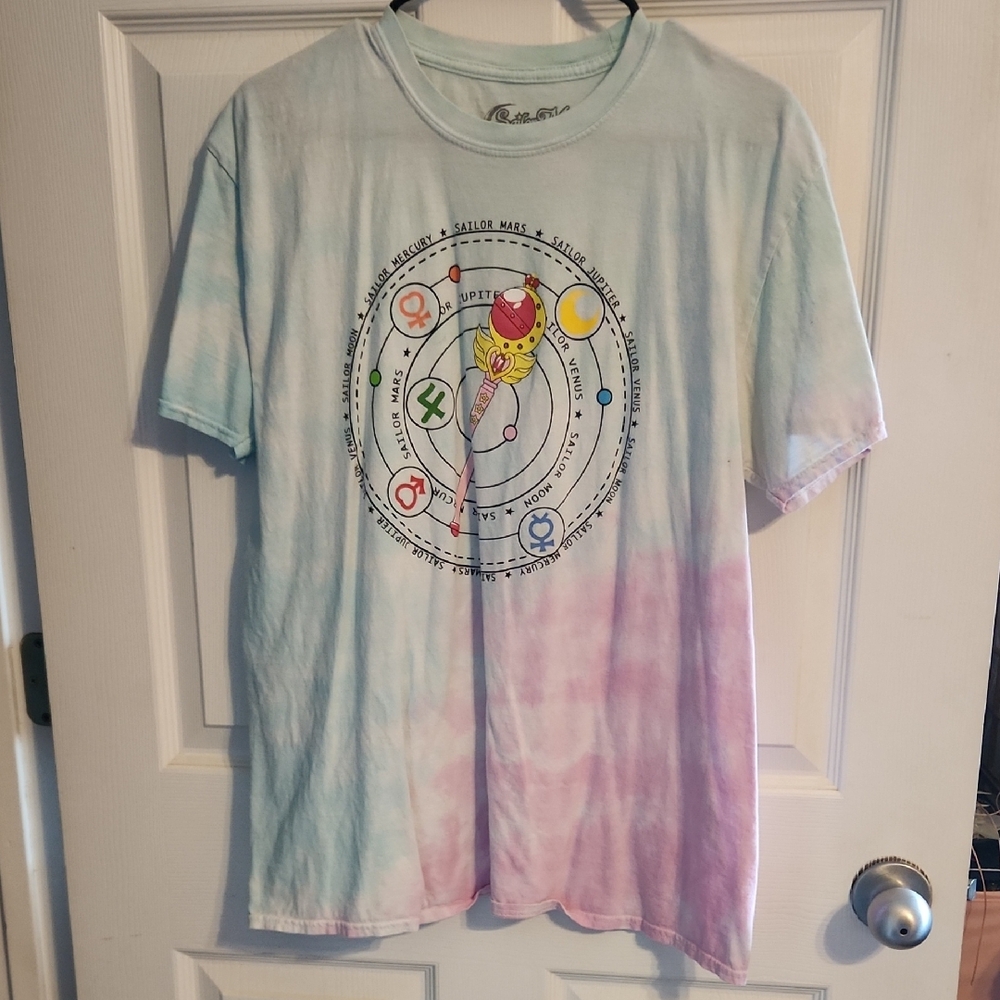 Whimsical Blue and Pink Short Sleeve Tee with Sailor Moon Design